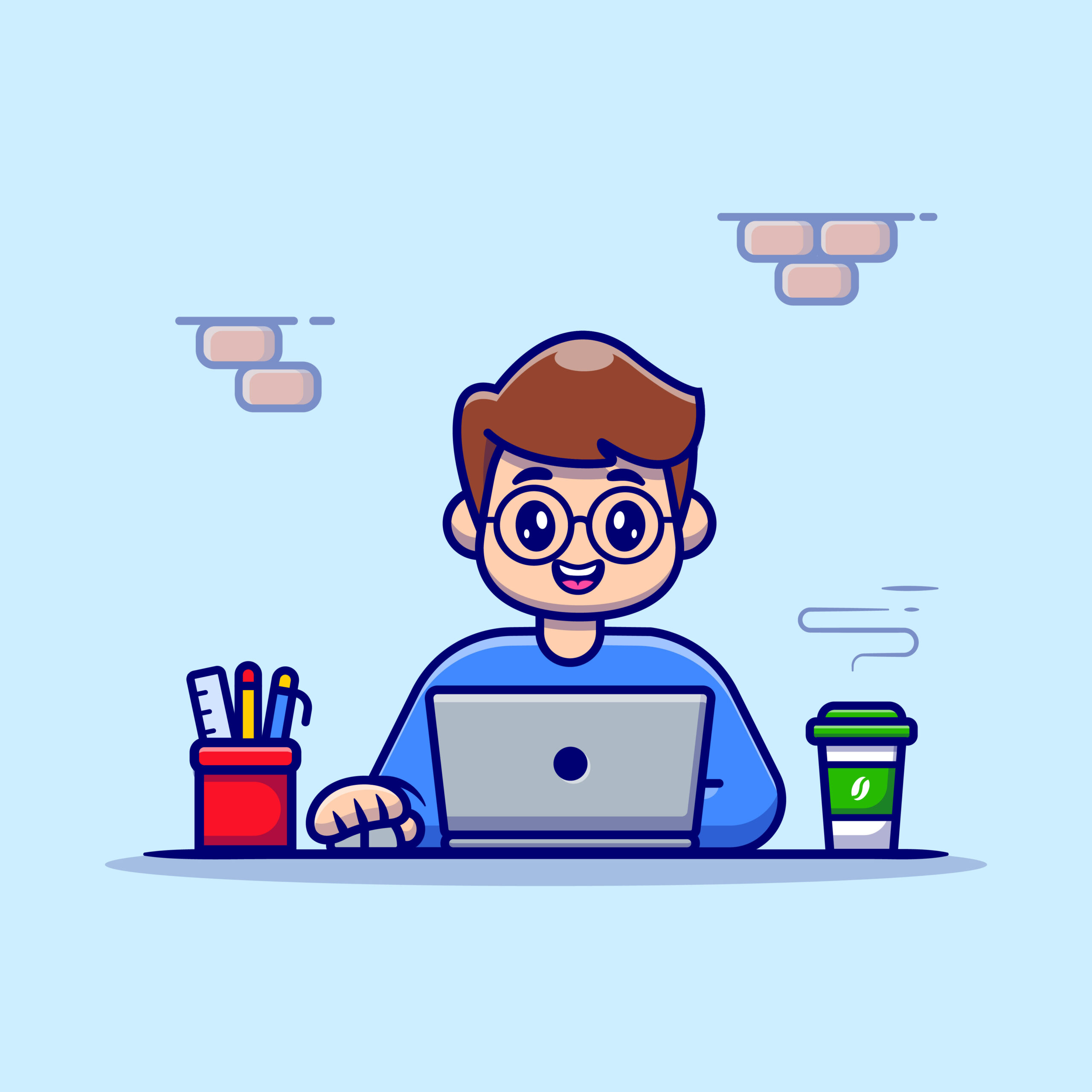 Man Working On Laptop With Coffee And Stationary Cartoon Vector